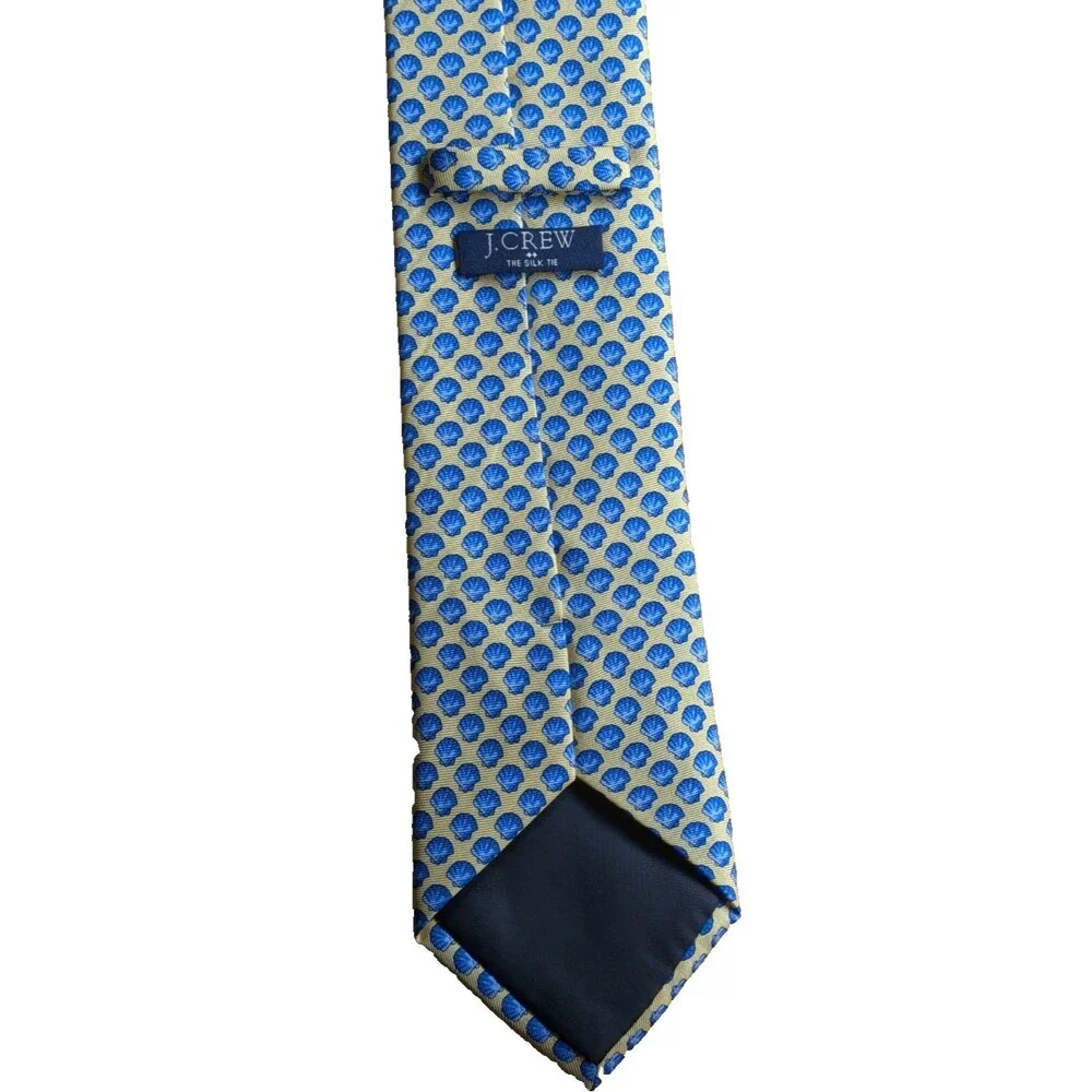 Vintage J.CREW Men's Woven Silk Tie Yellow Blue Geometric Shell Pattern Classic